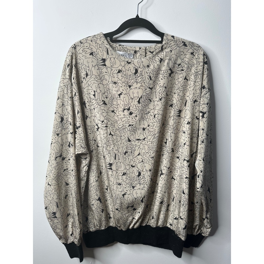 Vintage Russ Made in USA Elephant Print Blouse Tan Black Long Sleeve Top XL